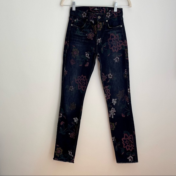 7 For All Mankind Dark Rinse Roxanne Ankle Raw Hem Floral Skinny Jeans, Size 24 - Picture 1 of 5